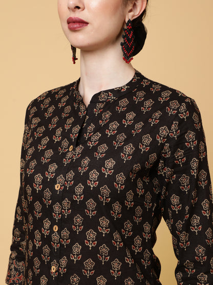 Cotton Calf Length Printed Straight 3/4 Sleeves Collar Kurta Bottom Set