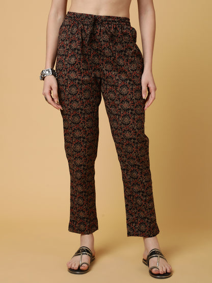 Cotton Calf Length Printed Straight 3/4 Sleeves Collar Kurta Bottom Set