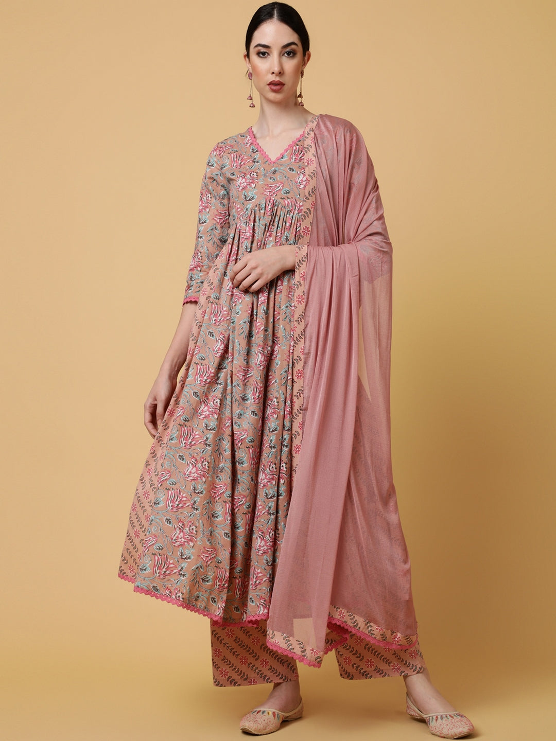 Rayon Calf Length Printed Flared 3/4 Sleeves V-Neck Kurta Bottom Dupatta Set