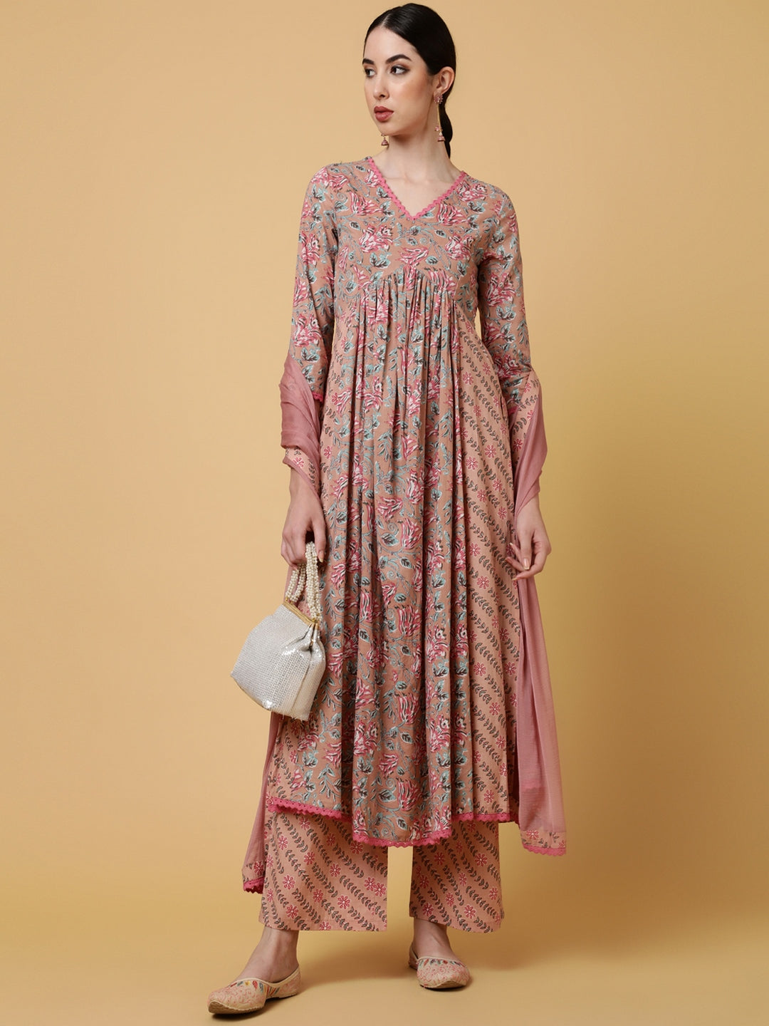 Rayon Calf Length Printed Flared 3/4 Sleeves V-Neck Kurta Bottom Dupatta Set
