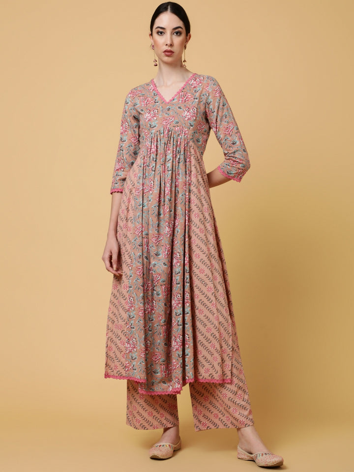 Rayon Calf Length Printed Flared 3/4 Sleeves V-Neck Kurta Bottom Dupatta Set