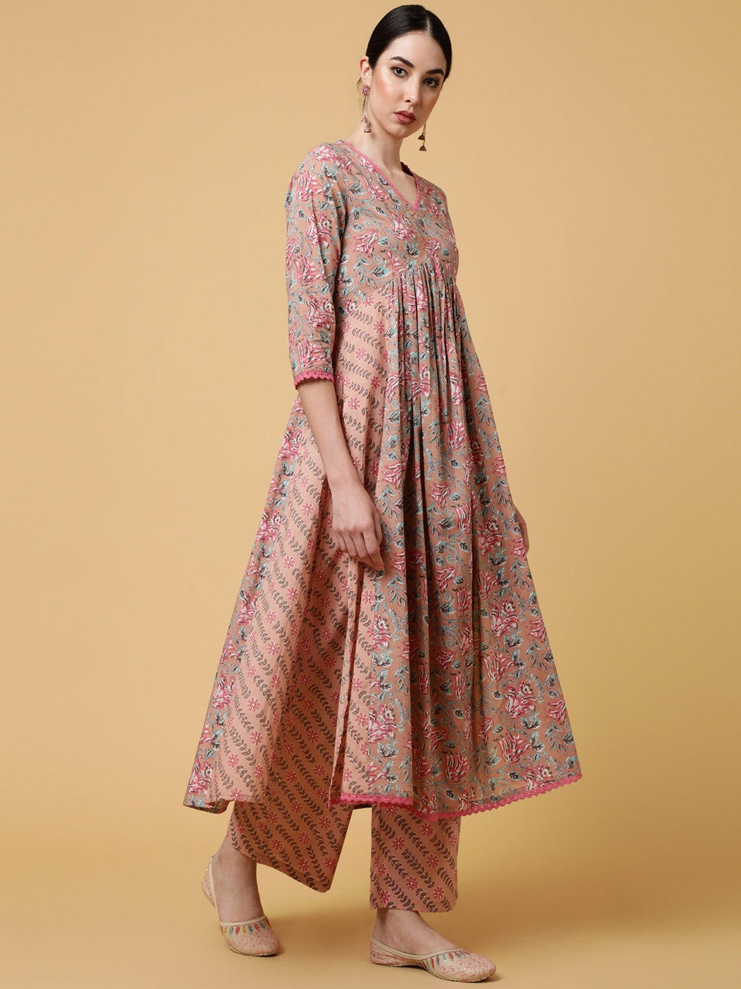 Rayon Calf Length Printed Flared 3/4 Sleeves V-Neck Kurta Bottom Dupatta Set