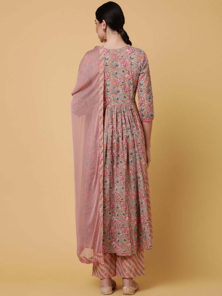 Rayon Calf Length Printed Flared 3/4 Sleeves V-Neck Kurta Bottom Dupatta Set