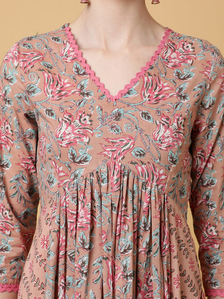 Rayon Calf Length Printed Flared 3/4 Sleeves V-Neck Kurta Bottom Dupatta Set