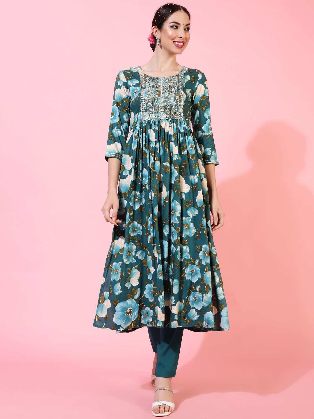 Rayon  Calf Length Printed Semi-Flared 3/4 Sleeves Round Kurta Bottom Set