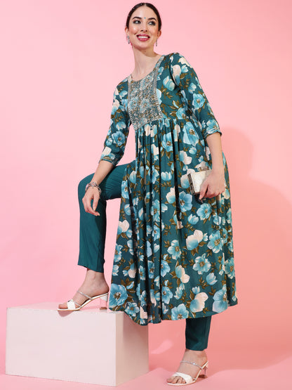 Rayon  Calf Length Printed Semi-Flared 3/4 Sleeves Round Kurta Bottom Set