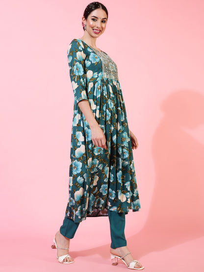 Rayon  Calf Length Printed Semi-Flared 3/4 Sleeves Round Kurta Bottom Set