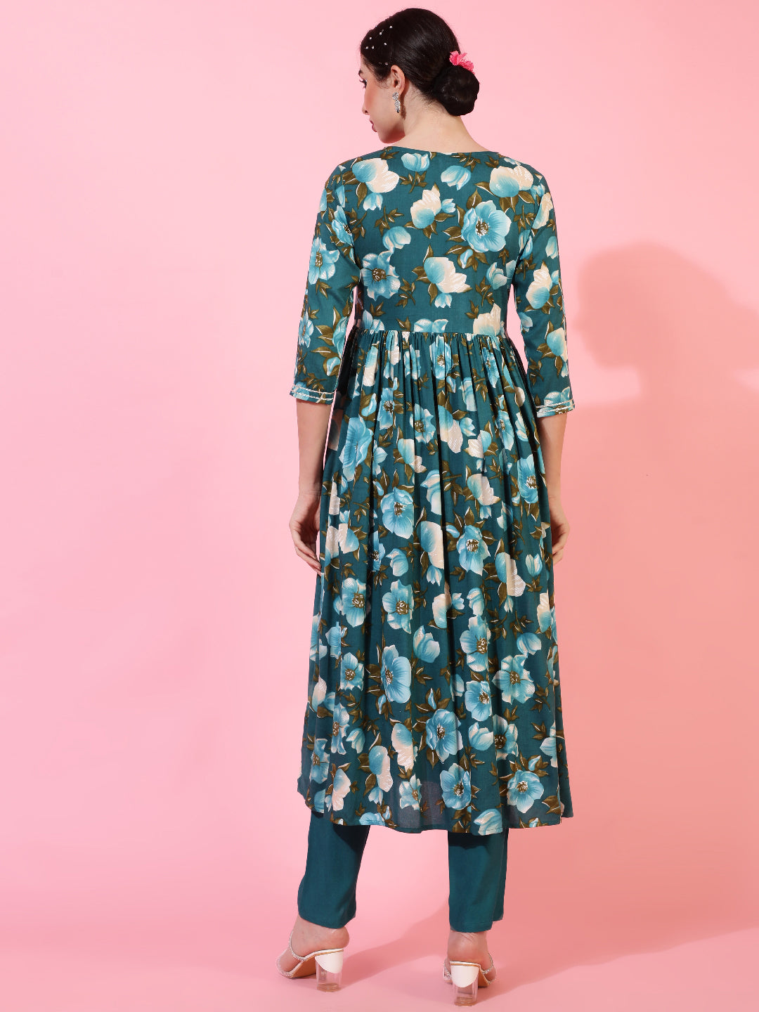 Rayon  Calf Length Printed Semi-Flared 3/4 Sleeves Round Kurta Bottom Set