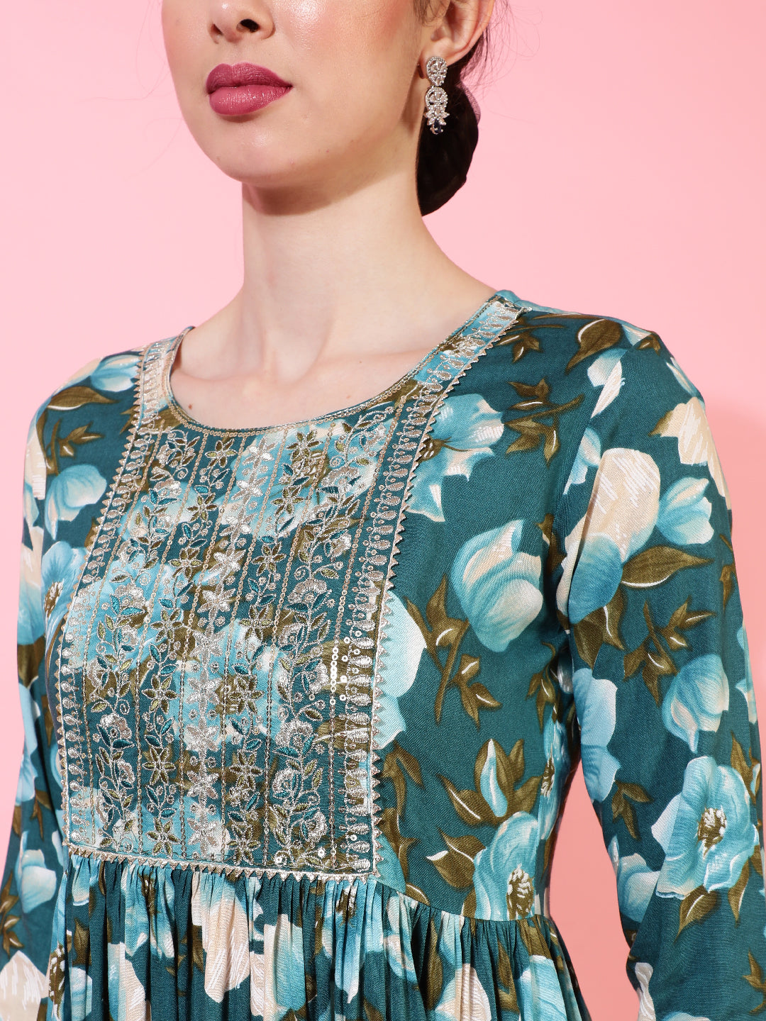 Rayon  Calf Length Printed Semi-Flared 3/4 Sleeves Round Kurta Bottom Set