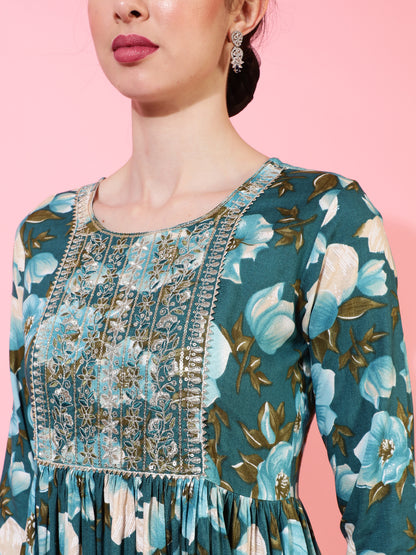 Rayon  Calf Length Printed Semi-Flared 3/4 Sleeves Round Kurta Bottom Set