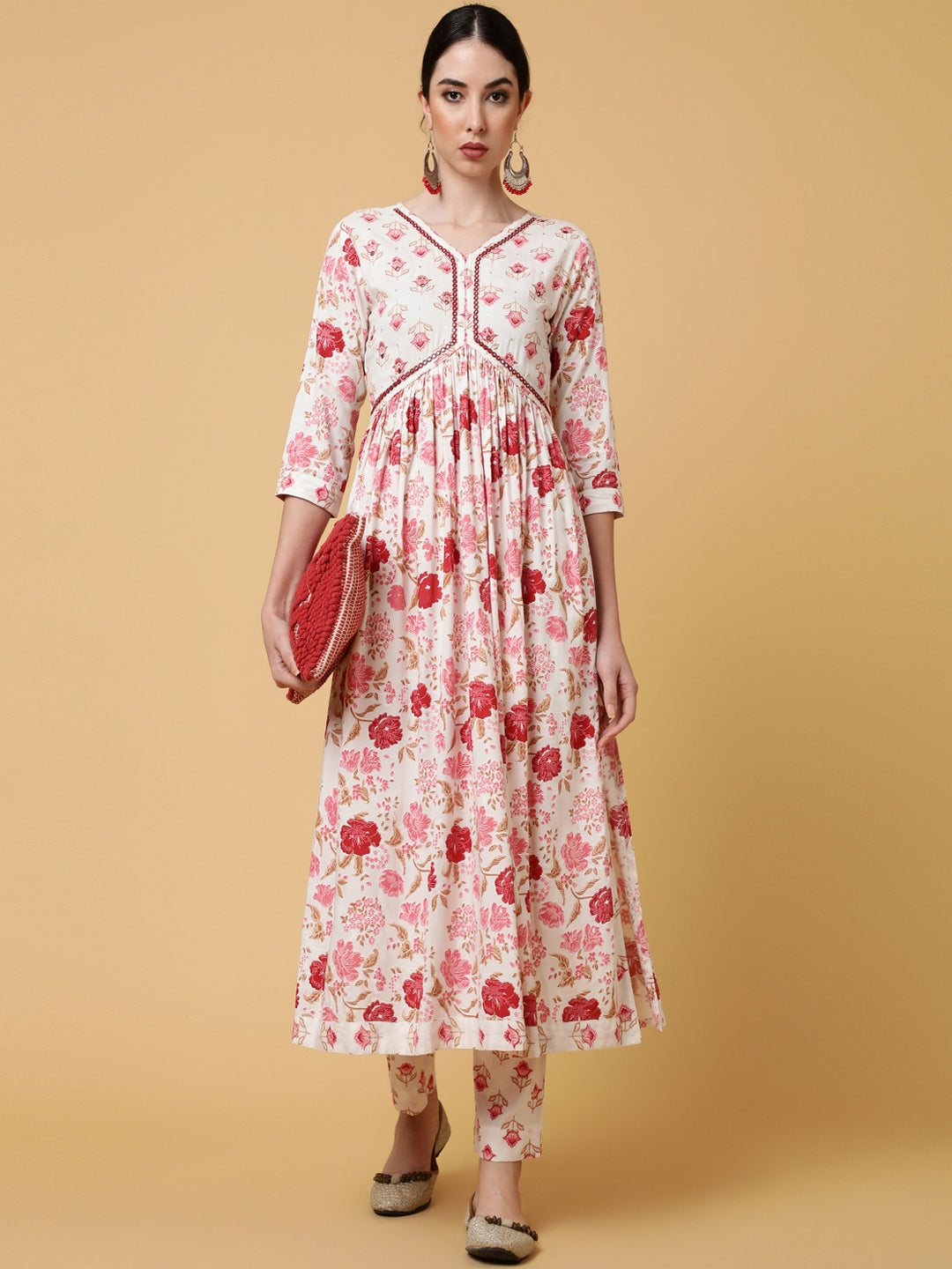 Rayon  Calf Length Printed Semi-Flared 3/4 Sleeves Round Kurta Bottom Set
