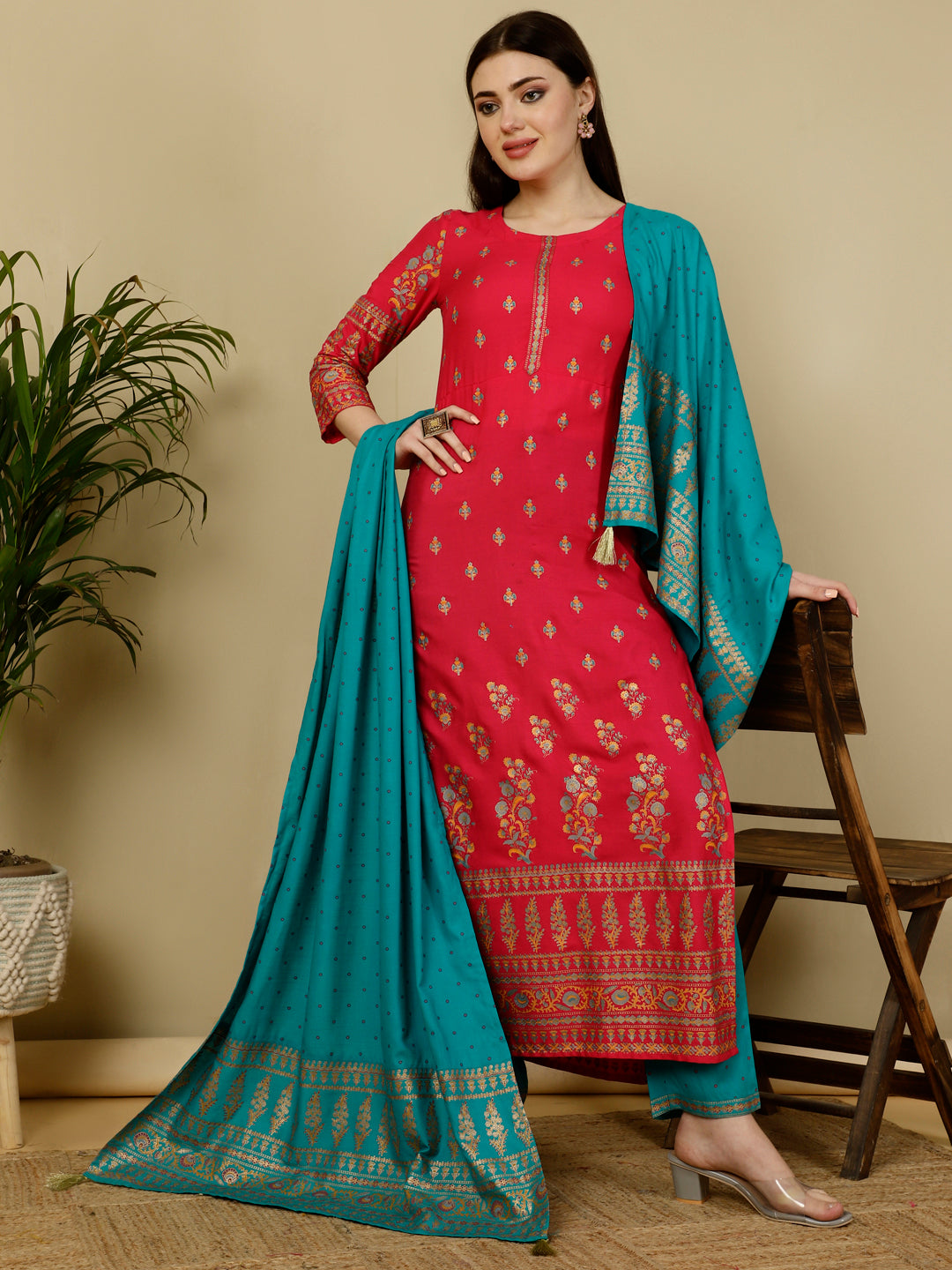 Rayon Calf Length Straight 3/4 Sleeves Round Kurta Bottom Dupatta Set