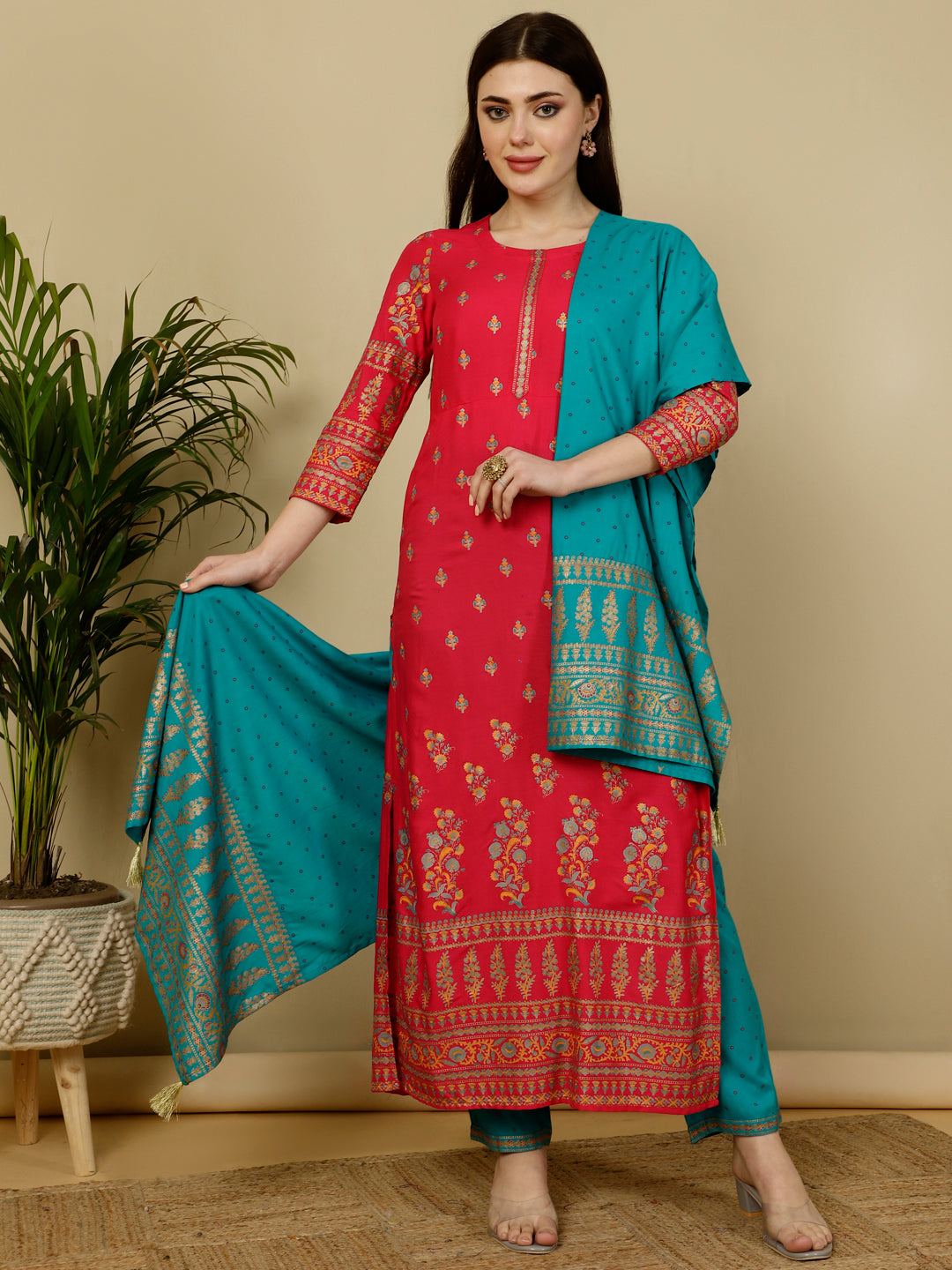 Rayon Calf Length Straight 3/4 Sleeves Round Kurta Bottom Dupatta Set