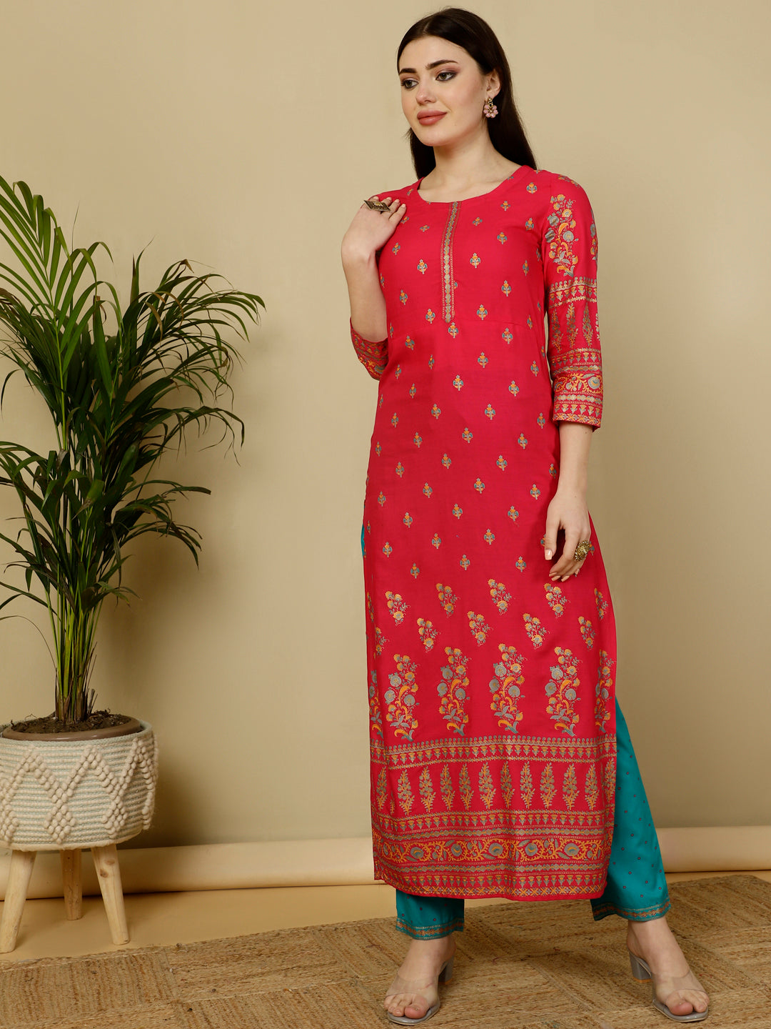 Rayon Calf Length Straight 3/4 Sleeves Round Kurta Bottom Dupatta Set
