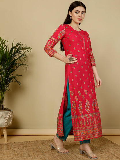 Rayon Calf Length Straight 3/4 Sleeves Round Kurta Bottom Dupatta Set
