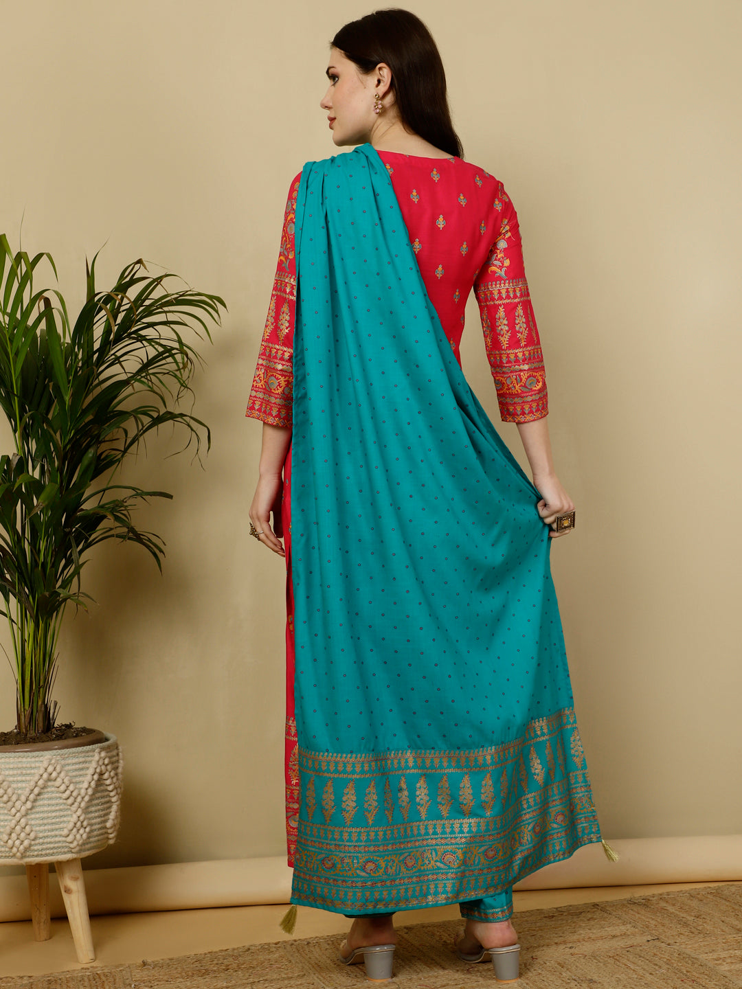 Rayon Calf Length Straight 3/4 Sleeves Round Kurta Bottom Dupatta Set