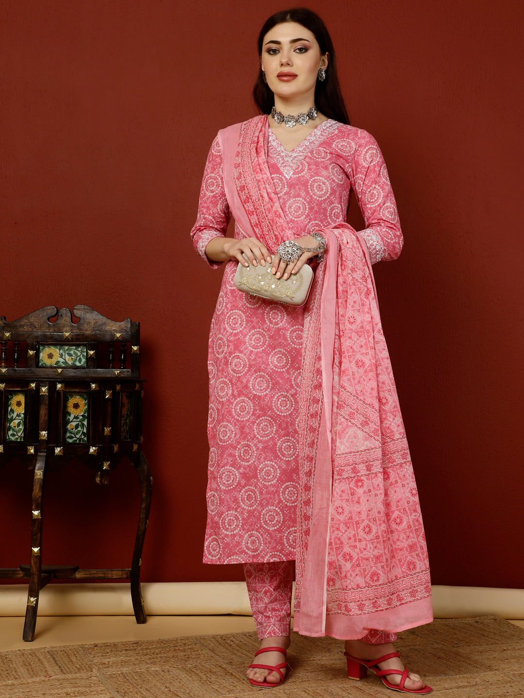 Cotton Calf Length Straight 3/4 Sleeves V Kurta Bottom Dupatta Set