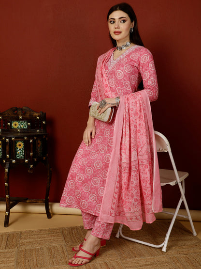 Cotton Calf Length Straight 3/4 Sleeves V Kurta Bottom Dupatta Set