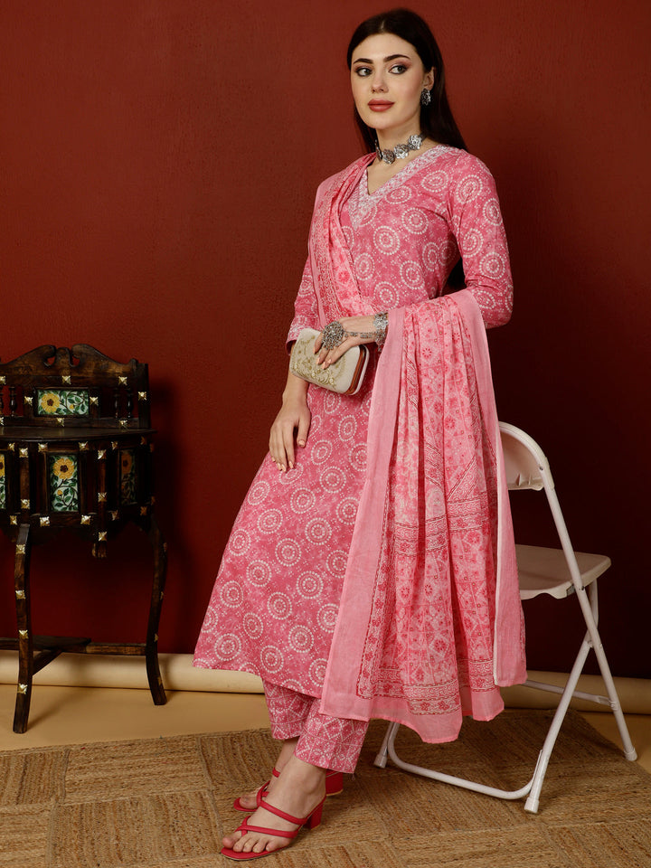 Cotton Calf Length Straight 3/4 Sleeves V Kurta Bottom Dupatta Set