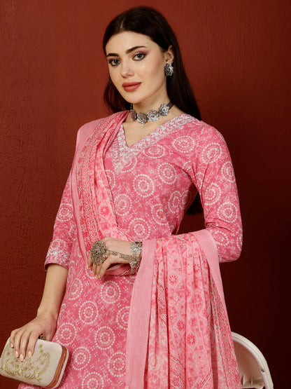 Cotton Calf Length Straight 3/4 Sleeves V Kurta Bottom Dupatta Set