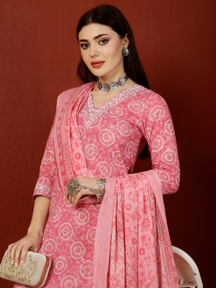 Cotton Calf Length Straight 3/4 Sleeves V Kurta Bottom Dupatta Set