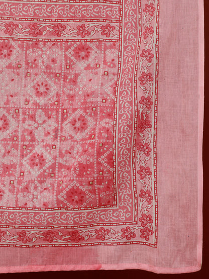 Cotton Calf Length Straight 3/4 Sleeves V Kurta Bottom Dupatta Set