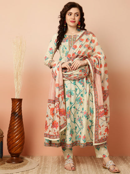 Cotton Calf Length Semi-Flared 3/4 Sleeves Round Kurta Bottom Dupatta Set