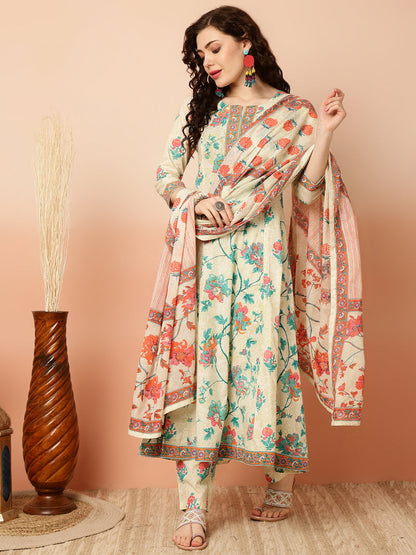 Cotton Calf Length Semi-Flared 3/4 Sleeves Round Kurta Bottom Dupatta Set