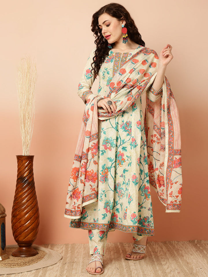 Cotton Calf Length Semi-Flared 3/4 Sleeves Round Kurta Bottom Dupatta Set