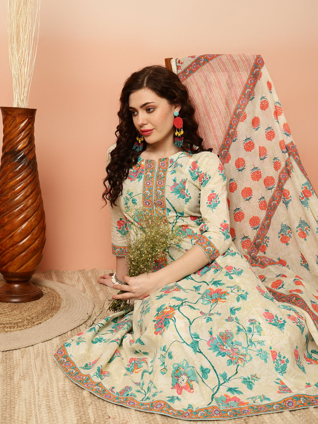 Cotton Calf Length Semi-Flared 3/4 Sleeves Round Kurta Bottom Dupatta Set