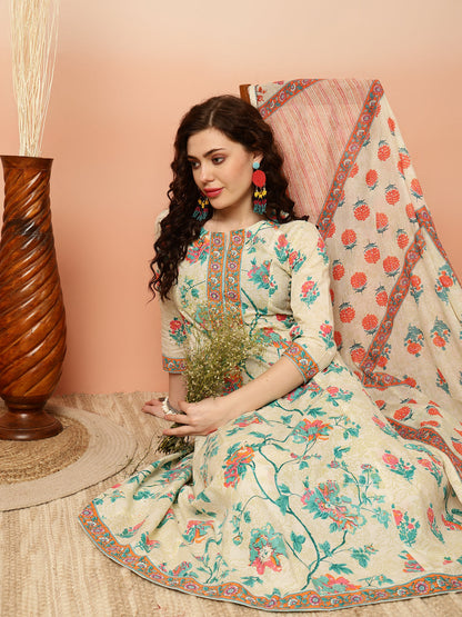 Cotton Calf Length Semi-Flared 3/4 Sleeves Round Kurta Bottom Dupatta Set