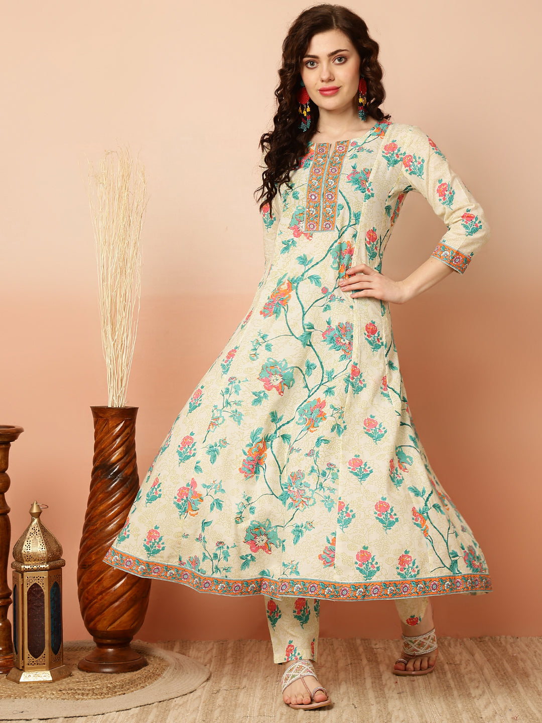 Cotton Calf Length Semi-Flared 3/4 Sleeves Round Kurta Bottom Dupatta Set