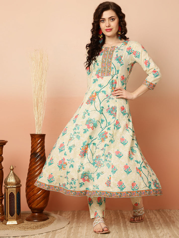 Cotton Calf Length Semi-Flared 3/4 Sleeves Round Kurta Bottom Dupatta Set