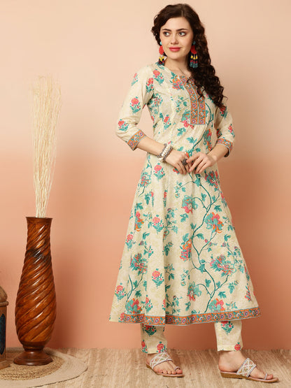 Cotton Calf Length Semi-Flared 3/4 Sleeves Round Kurta Bottom Dupatta Set