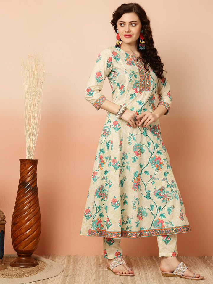 Cotton Calf Length Semi-Flared 3/4 Sleeves Round Kurta Bottom Dupatta Set