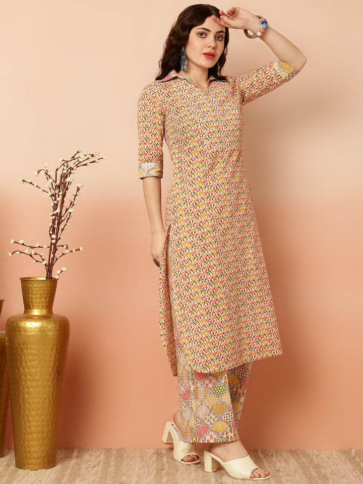 Cotton Calf Length Straight 3/4 Sleeves Shirt Coller Kurta Bottom Set