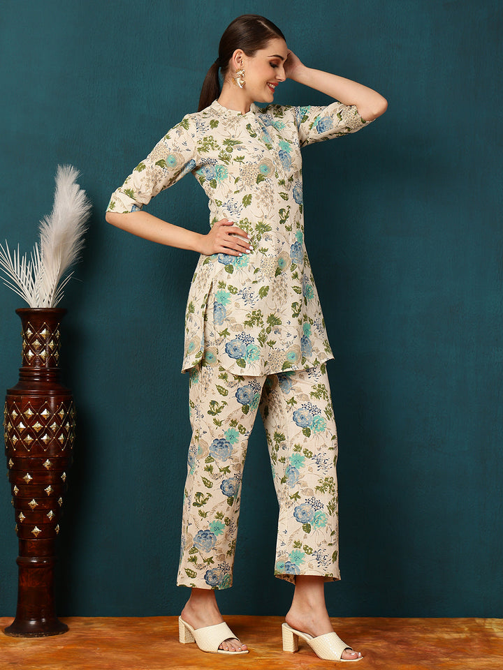 Cotton Flex Short Length Floral  Straight 3/4 Sleeves Mandarin Kurta Bottom Set