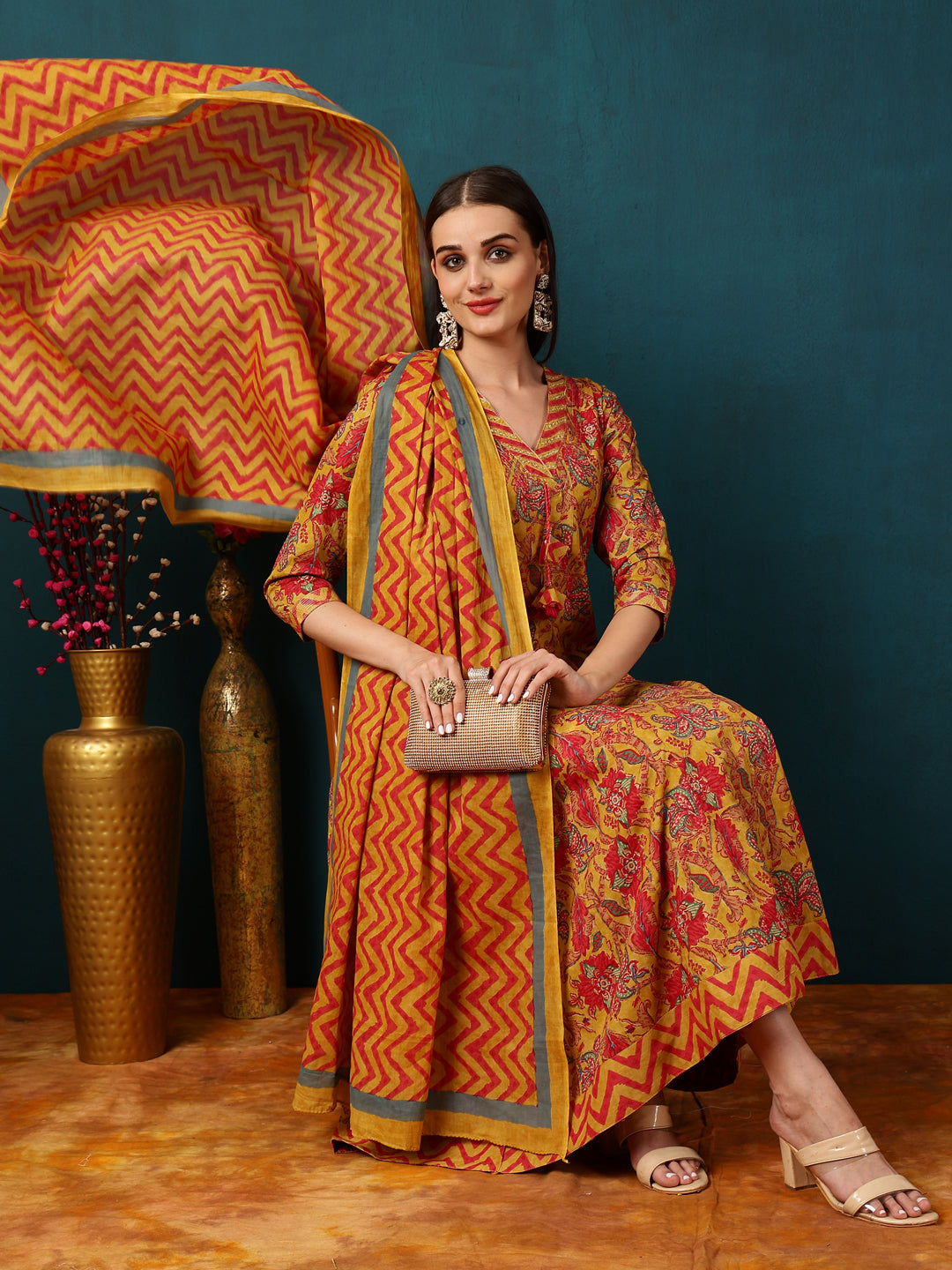 Cotton Calf Length Floral Semi-Flared 3/4 Sleeves V Kurta Bottom Dupatta Set