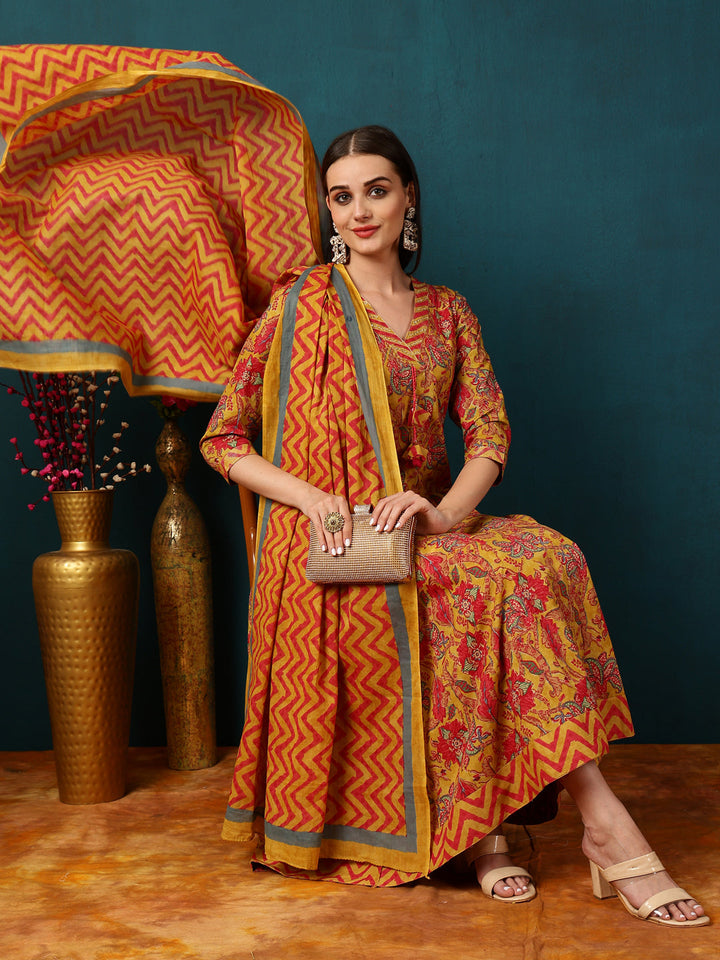 Cotton Calf Length Floral Semi-Flared 3/4 Sleeves V Kurta Bottom Dupatta Set
