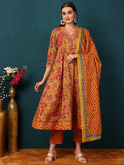 Cotton Calf Length Floral Semi-Flared 3/4 Sleeves V Kurta Bottom Dupatta Set