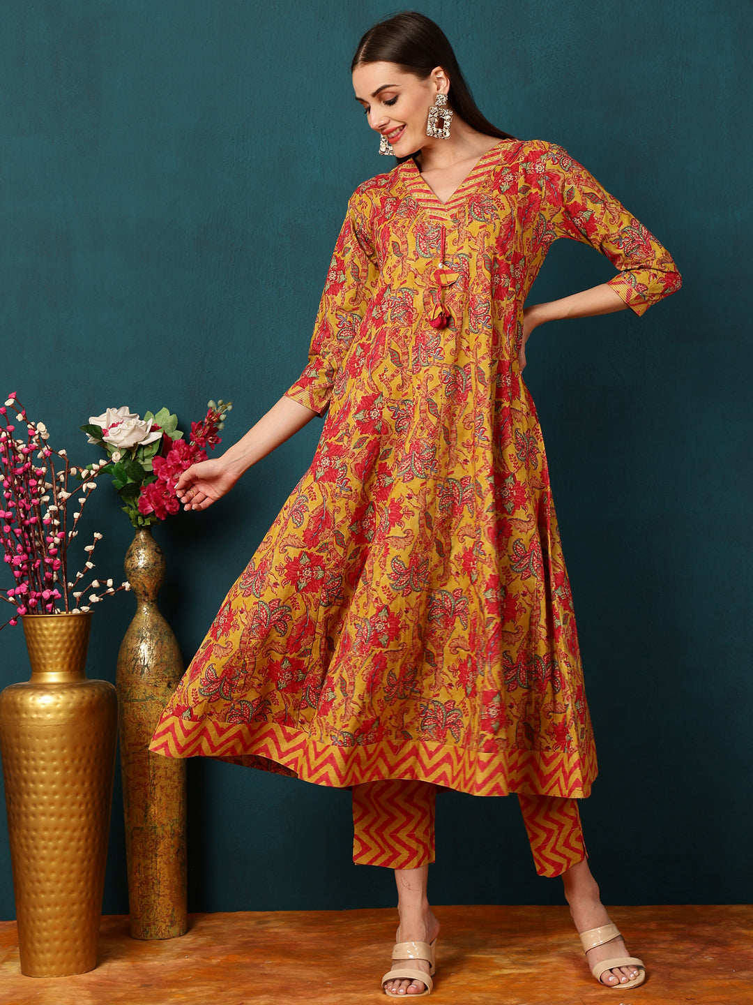 Cotton Calf Length Floral Semi-Flared 3/4 Sleeves V Kurta Bottom Dupatta Set