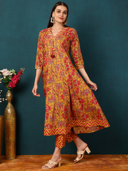 Cotton Calf Length Floral Semi-Flared 3/4 Sleeves V Kurta Bottom Dupatta Set