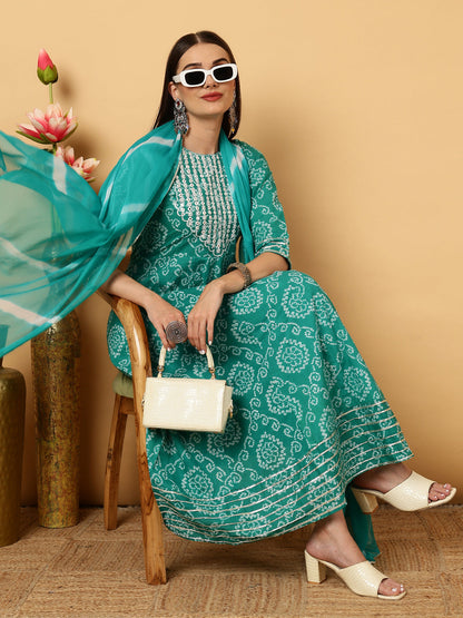 Cotton Calf Length Bandhani Flared 3/4 Sleeves Round Neck Kurta Bottom Dupatta Set