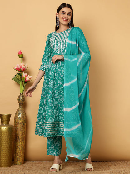 Cotton Calf Length Bandhani Flared 3/4 Sleeves Round Neck Kurta Bottom Dupatta Set