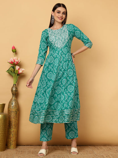 Cotton Calf Length Bandhani Flared 3/4 Sleeves Round Neck Kurta Bottom Dupatta Set