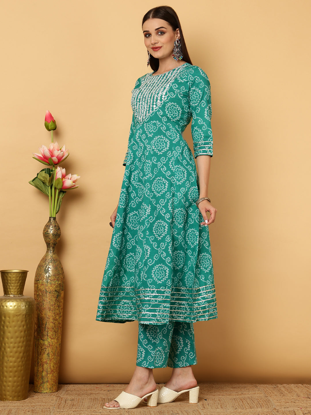 Cotton Calf Length Bandhani Flared 3/4 Sleeves Round Neck Kurta Bottom Dupatta Set