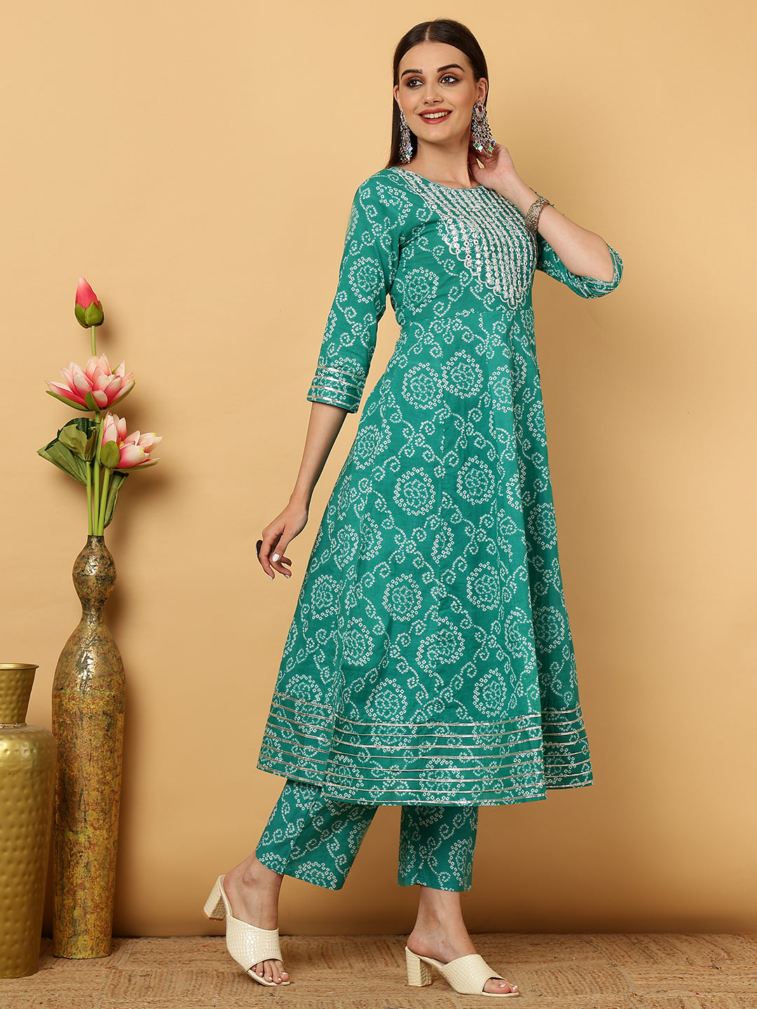 Cotton Calf Length Bandhani Flared 3/4 Sleeves Round Neck Kurta Bottom Dupatta Set