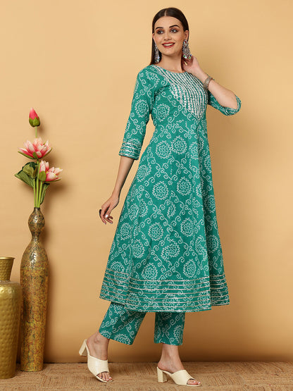 Cotton Calf Length Bandhani Flared 3/4 Sleeves Round Neck Kurta Bottom Dupatta Set