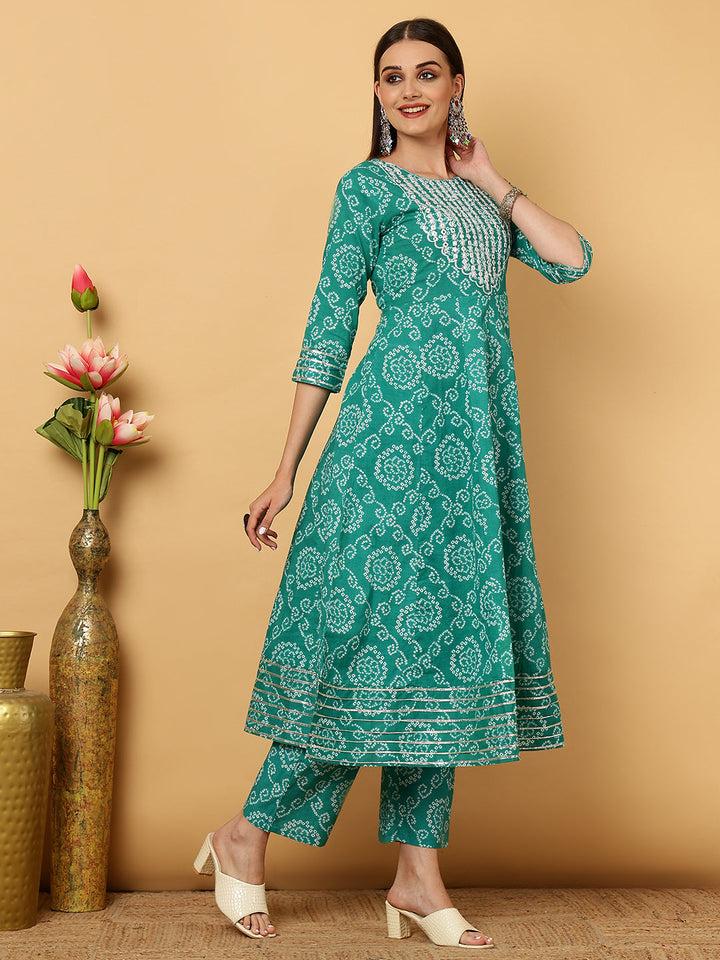 Cotton Calf Length Bandhani Flared 3/4 Sleeves Round Neck Kurta Bottom Dupatta Set