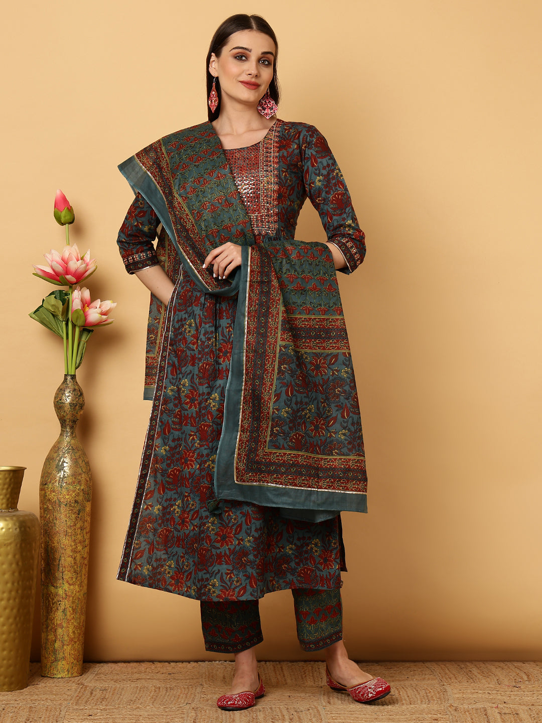 Cotton Calf Length Floral Semi-Flared 3/4 Sleeves Round Neck Kurta Bottom Dupatta Set